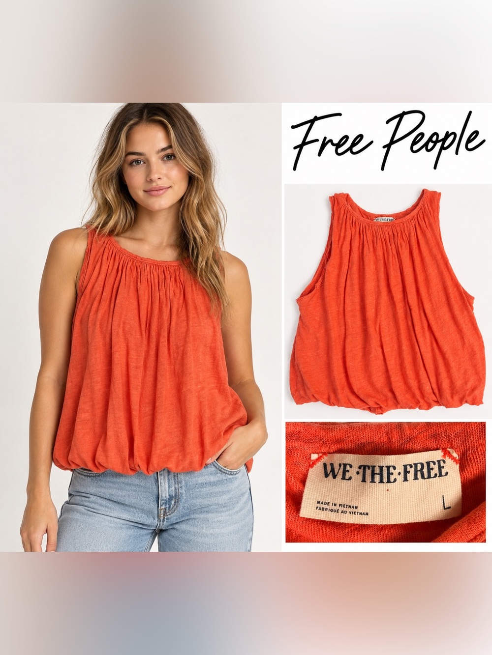 Free People Orange Gathered Hem Tank Top size L
